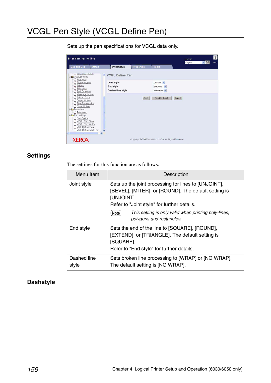 Xerox 6050A, 6030 manual Vcgl Pen Style Vcgl Define Pen, 156, Dashstyle, Sets up the pen specifications for Vcgl data only 