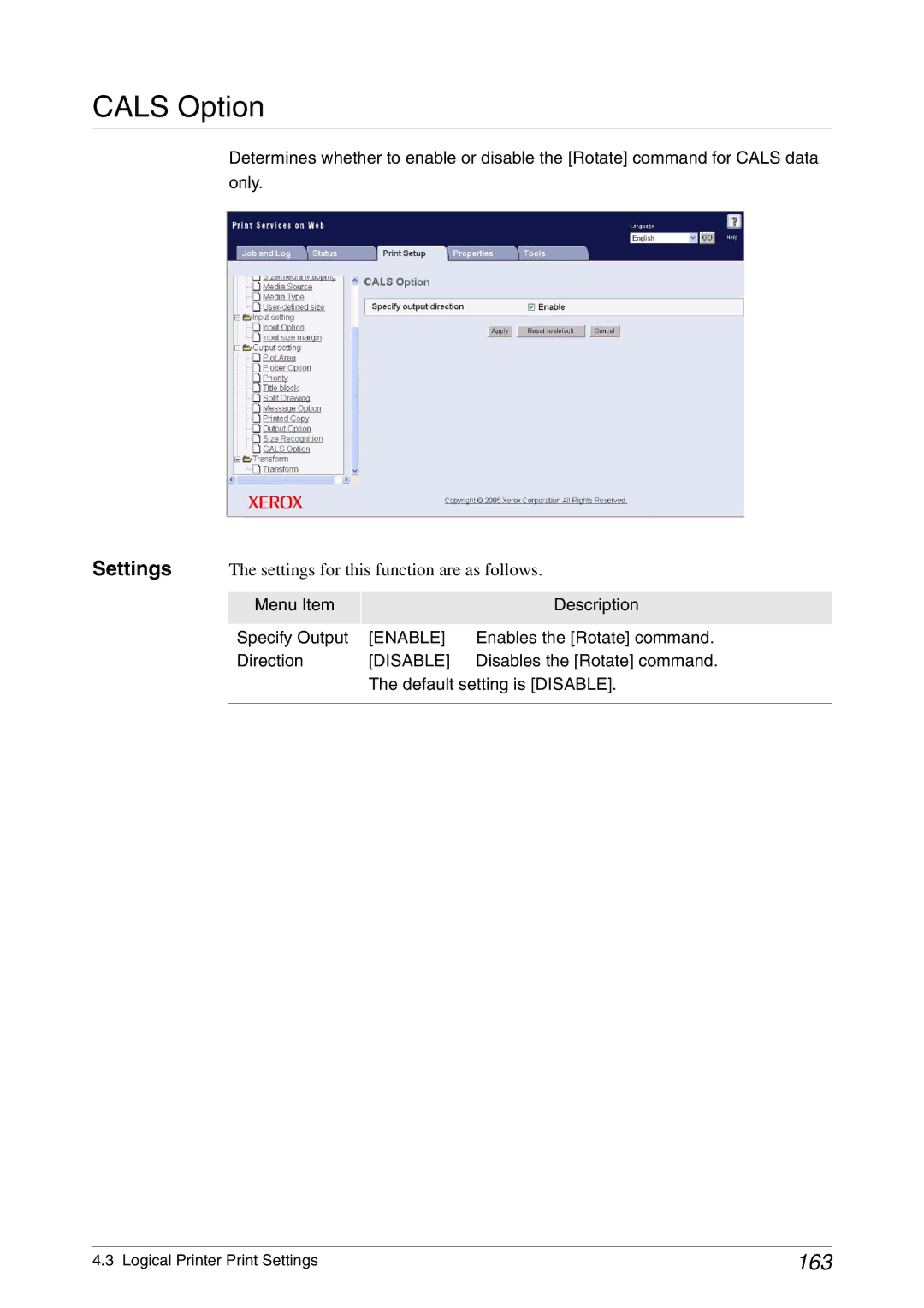 Xerox 6030, 6050A manual Cals Option, 163, Menu Item Specify Output Direction Description 