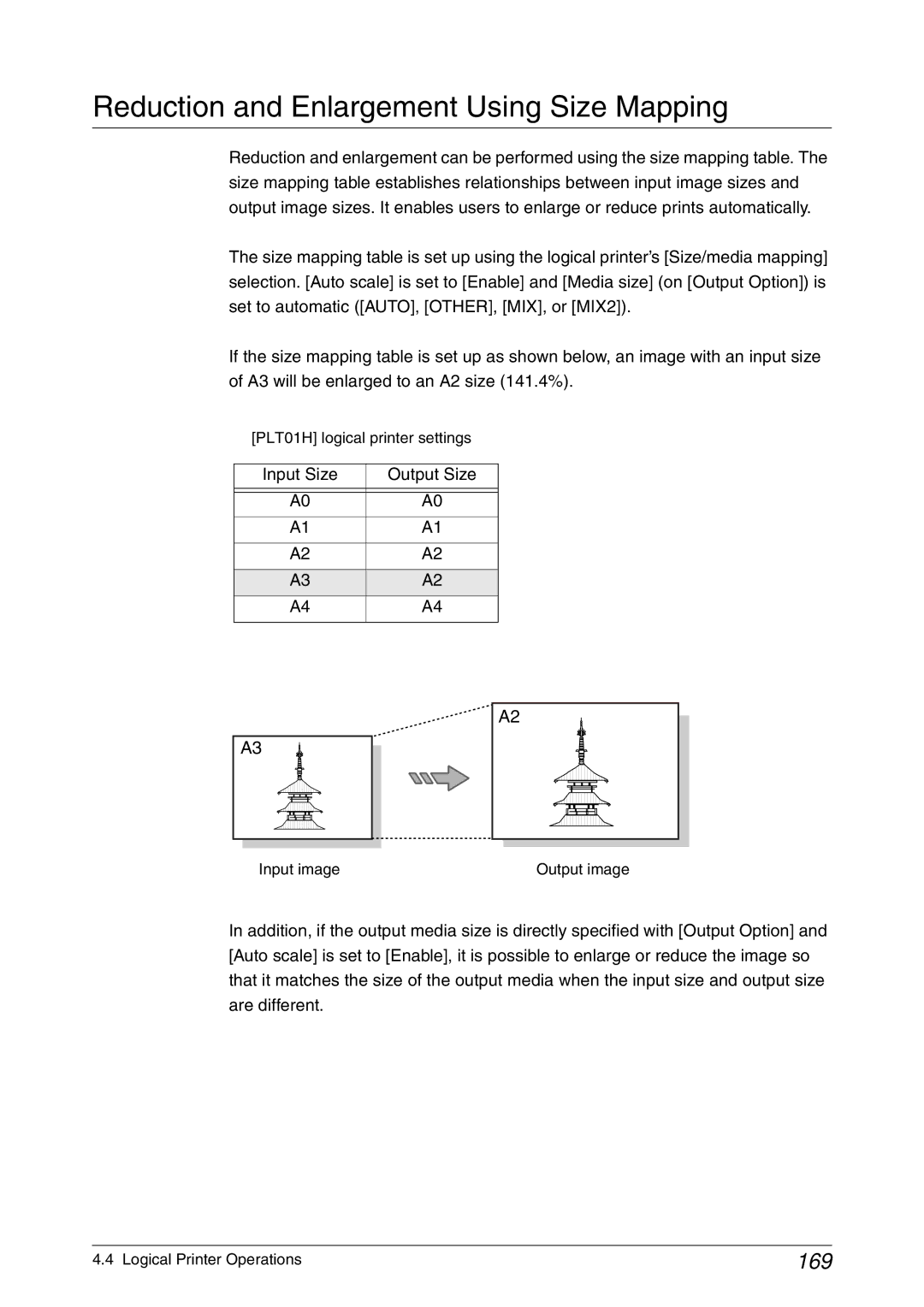 Xerox 6030, 6050A manual Reduction and Enlargement Using Size Mapping, 169, Input Size Output Size 