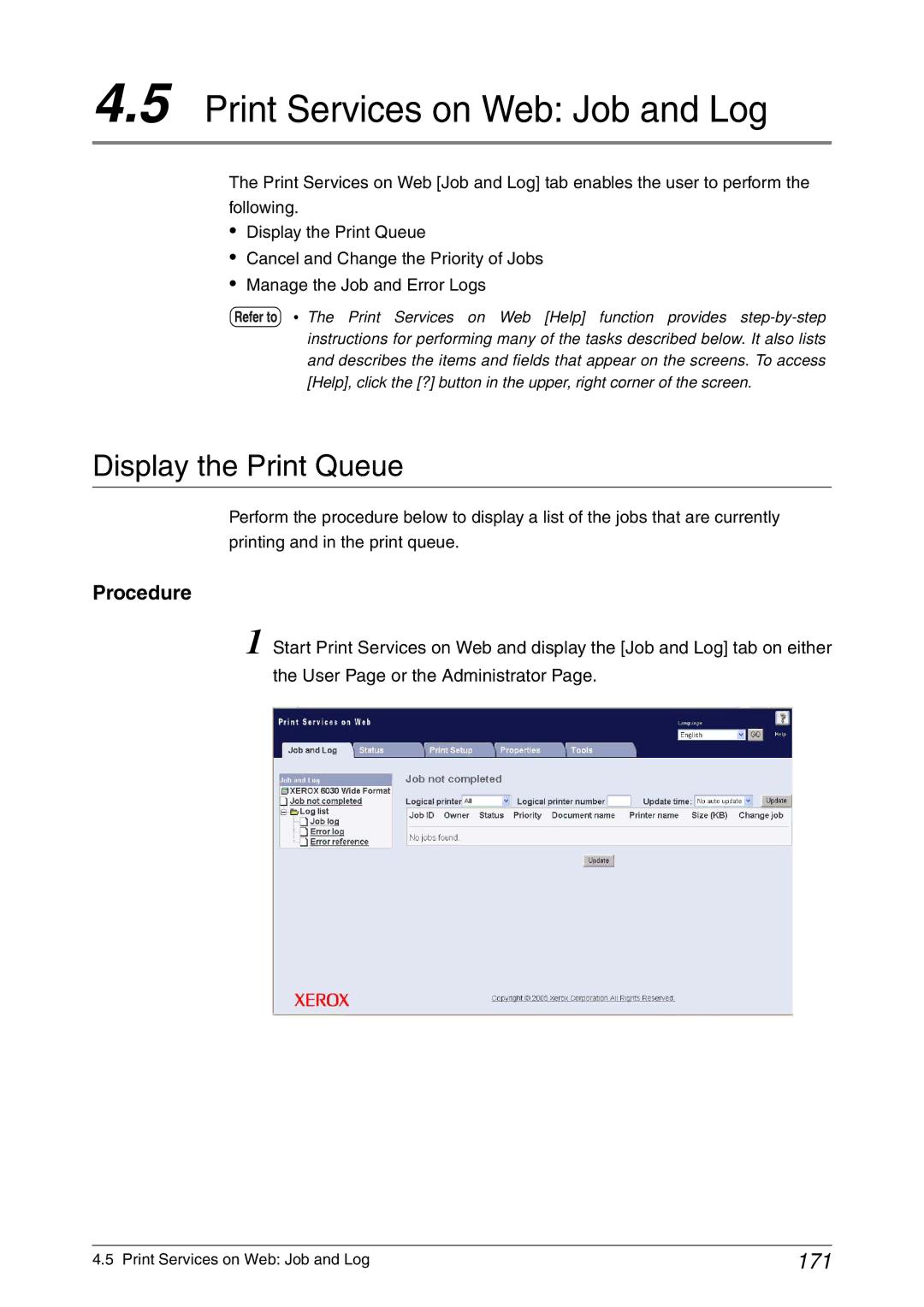 Xerox 6050A, 6030 manual Print Services on Web Job and Log, Display the Print Queue, 171 