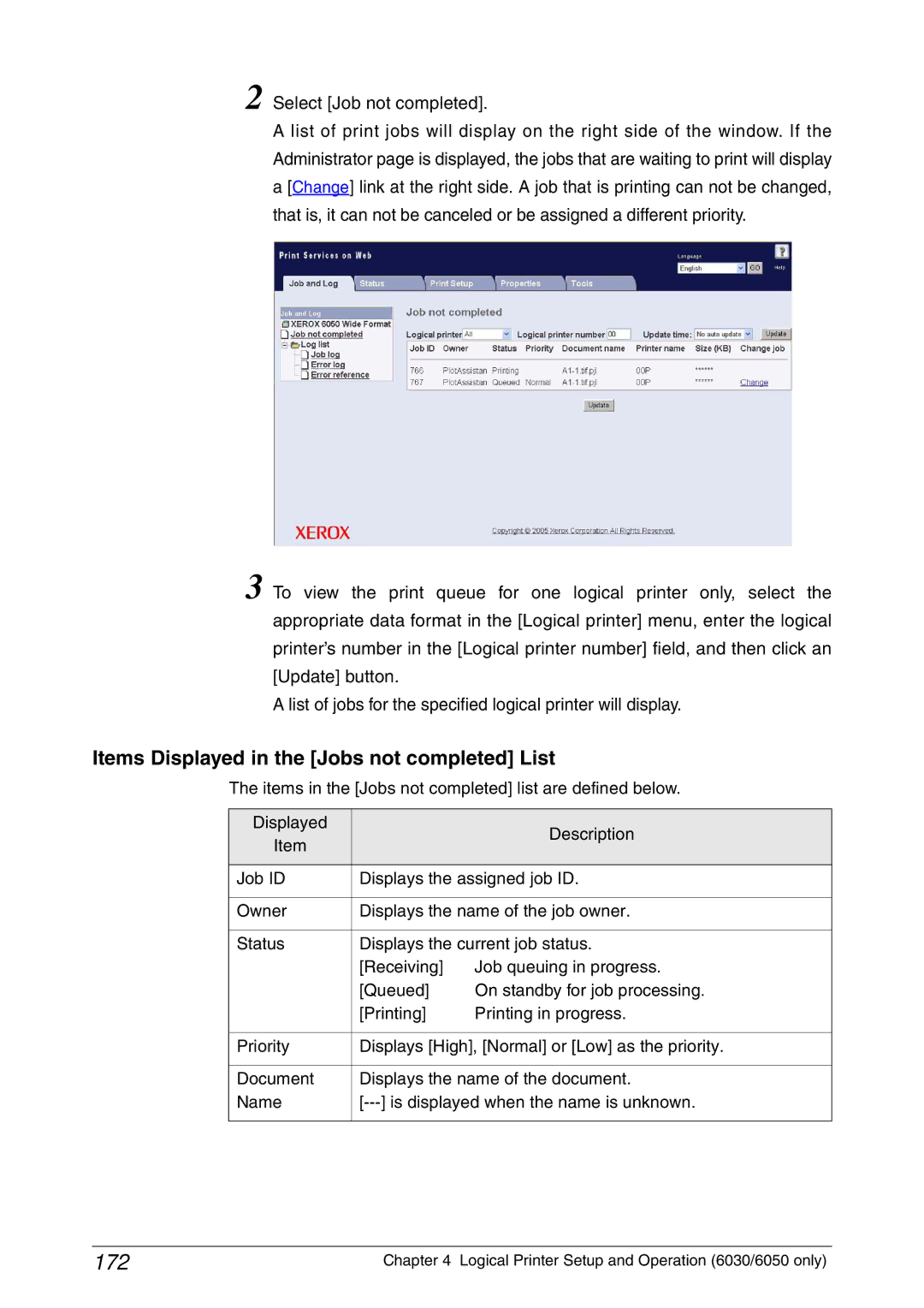 Xerox 6030, 6050A manual 172, Items Displayed in the Jobs not completed List 