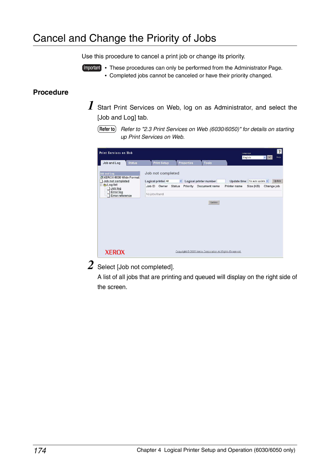 Xerox 6050A, 6030 manual Cancel and Change the Priority of Jobs, 174 