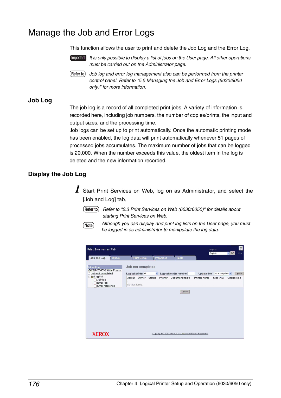 Xerox 6050A, 6030 manual Manage the Job and Error Logs, 176, Display the Job Log 