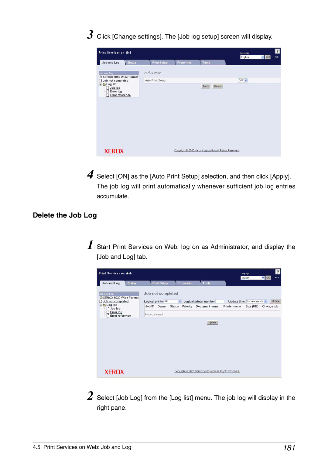 Xerox 6030, 6050A manual 181, Delete the Job Log 