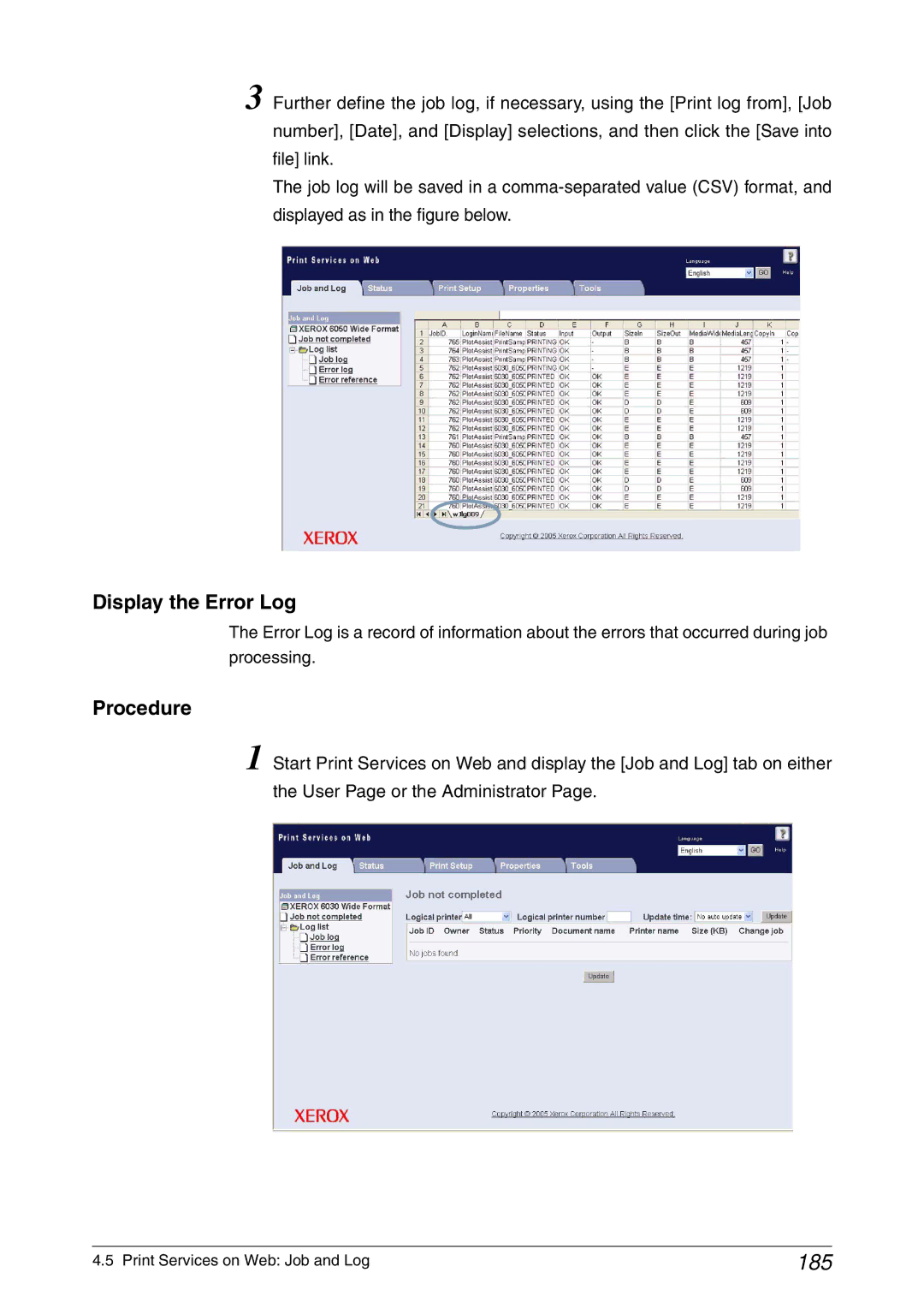 Xerox 6050A, 6030 manual 185, Display the Error Log 