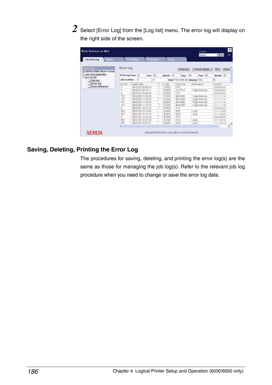 Xerox 6050A, 6030 manual 186, Saving, Deleting, Printing the Error Log 