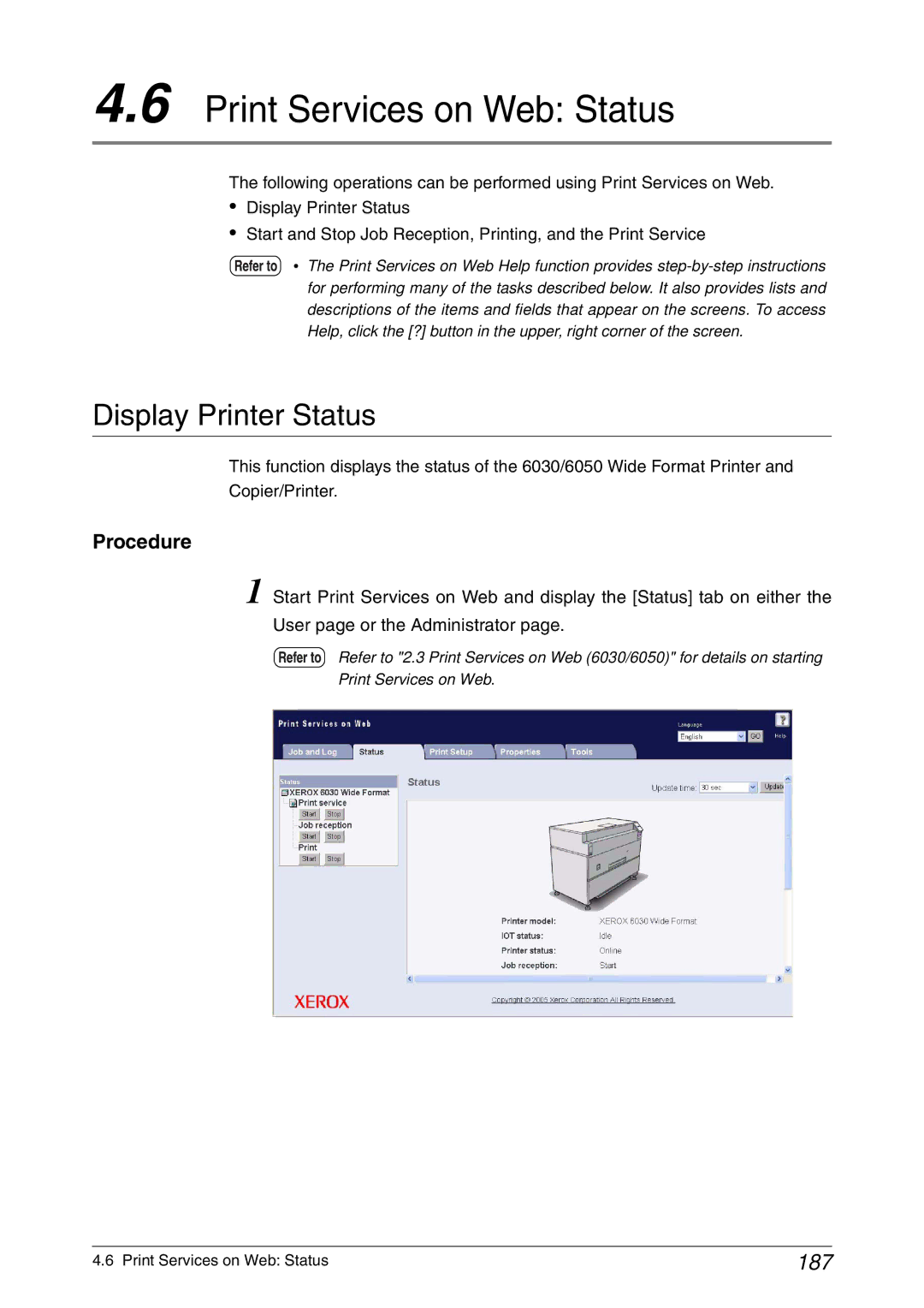 Xerox 6030, 6050A manual Print Services on Web Status, Display Printer Status, 187 