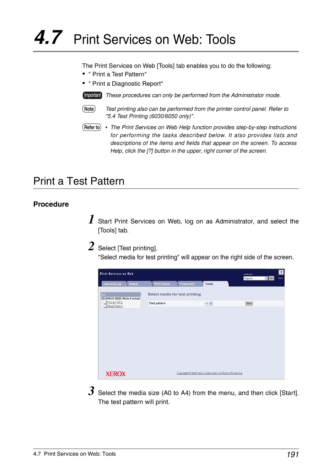 Xerox 6050A, 6030 manual Print Services on Web Tools, Print a Test Pattern, 191 