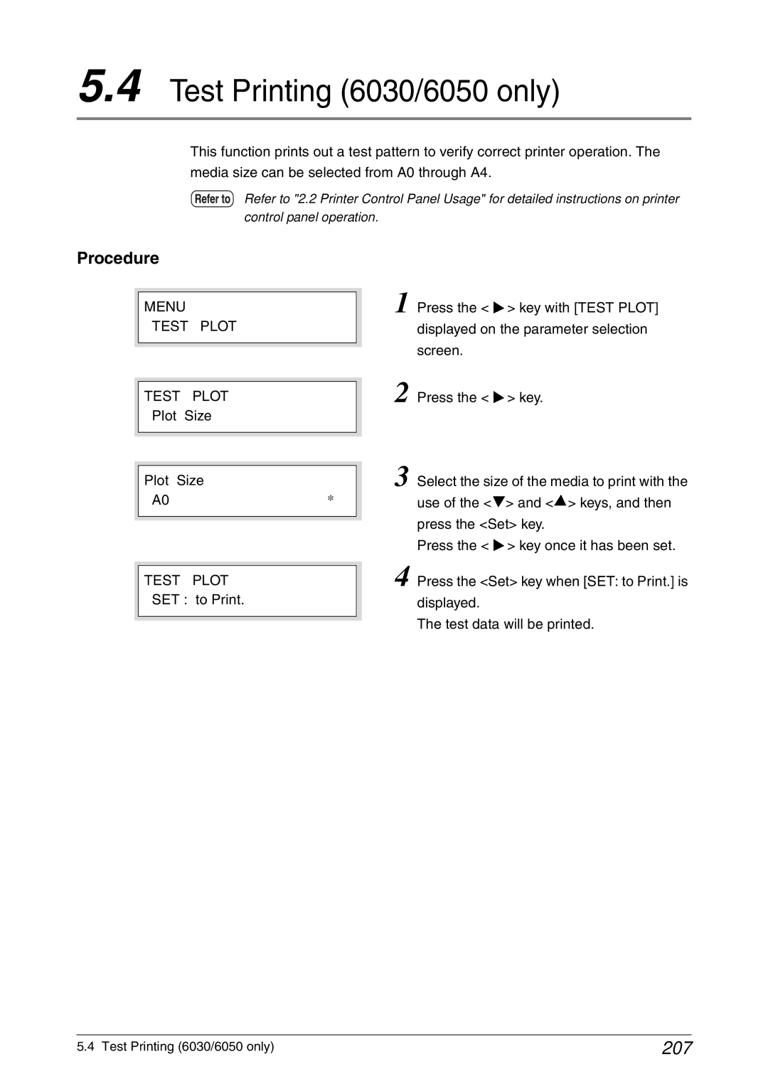 Xerox 6050A manual Test Printing 6030/6050 only, 207, Menu Test Plot, Plot Size 