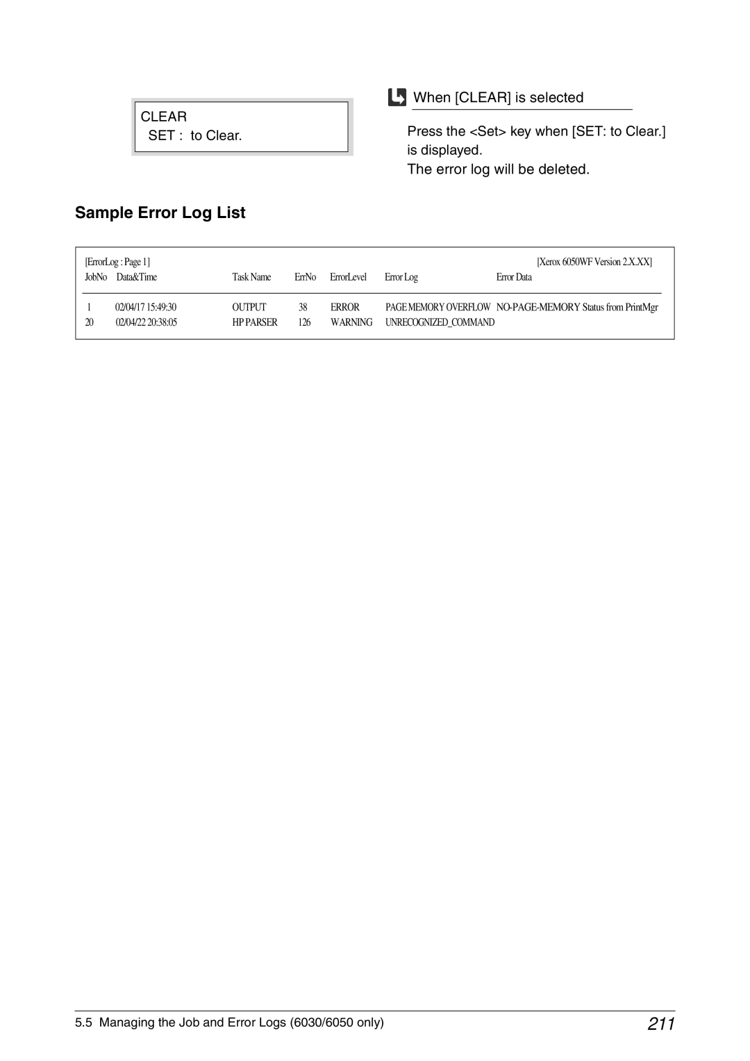 Xerox 6030, 6050A manual 211, Sample Error Log List 