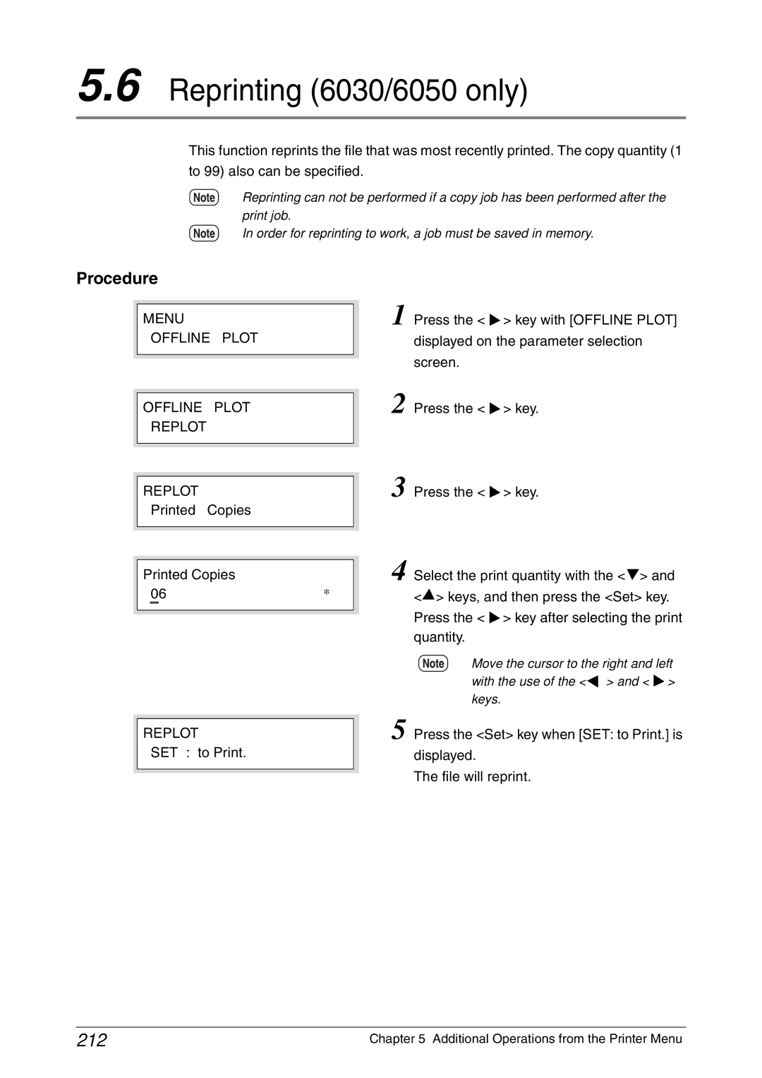 Xerox 6050A manual Reprinting 6030/6050 only, 212, Menu Offline Plot Replot, Printed Copies 