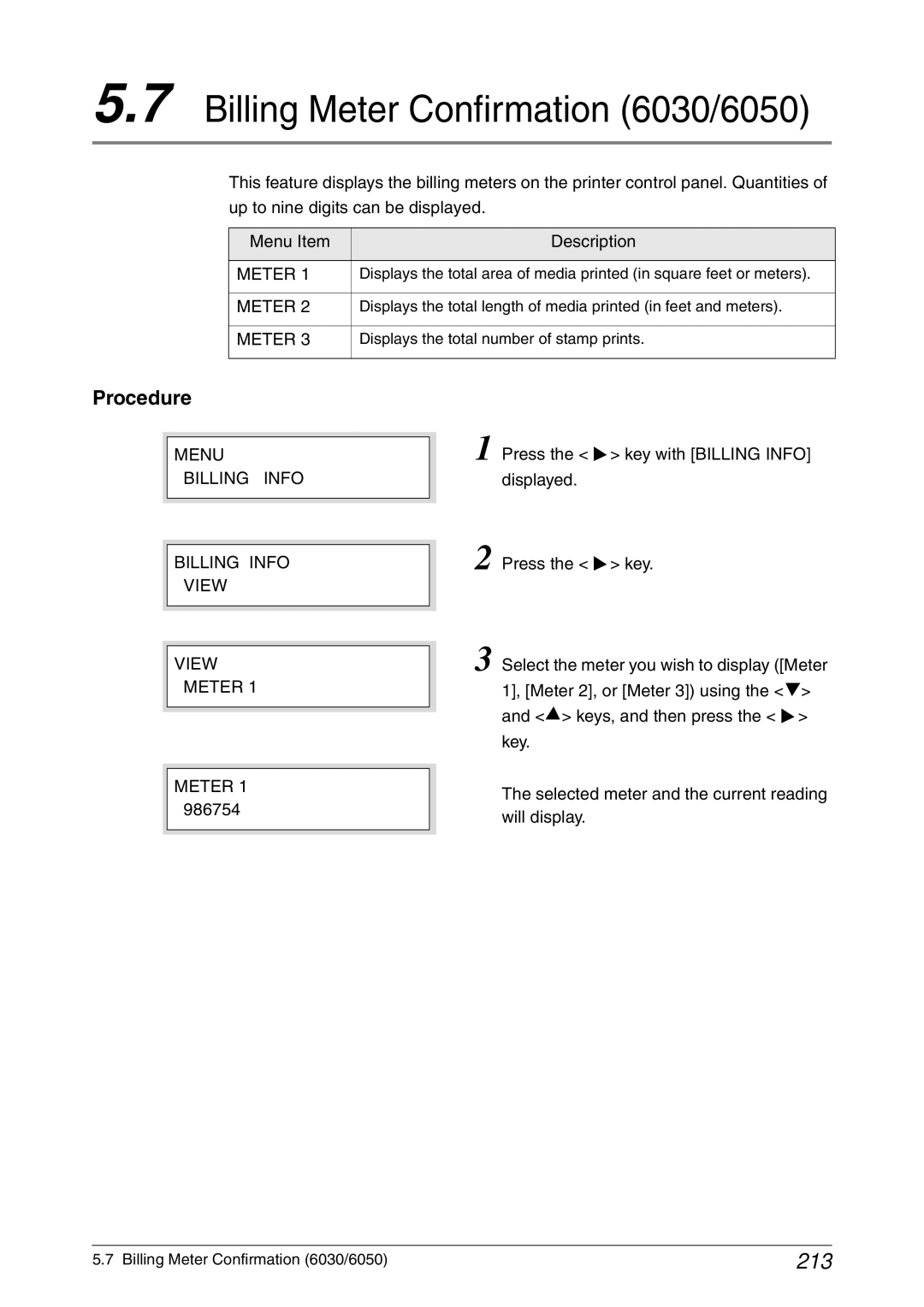 Xerox 6050A manual Billing Meter Confirmation 6030/6050, 213, Menu Billing Info View Meter 