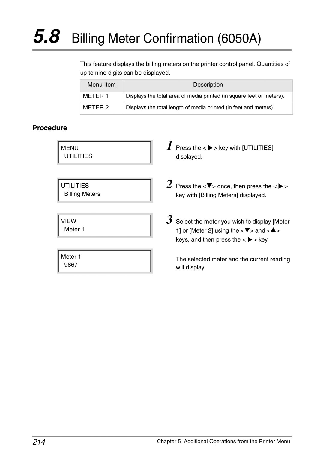 Xerox 6030 manual Billing Meter Confirmation 6050A, 214, Menu Utilities, Billing Meters 