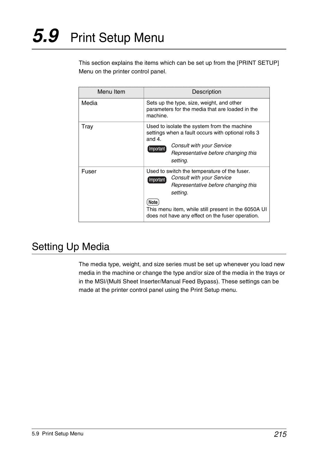 Xerox 6050A, 6030 manual Print Setup Menu, Setting Up Media, 215, Tray, Fuser 