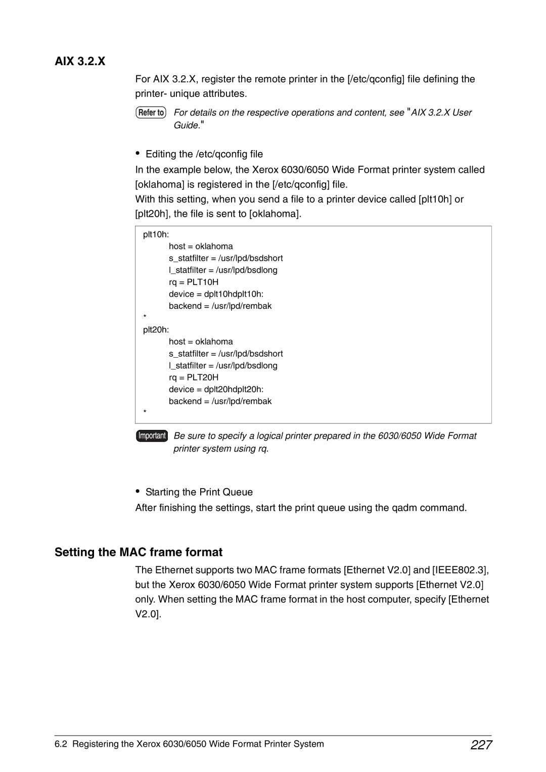 Xerox 6050A, 6030 manual 227, Aix, Setting the MAC frame format 