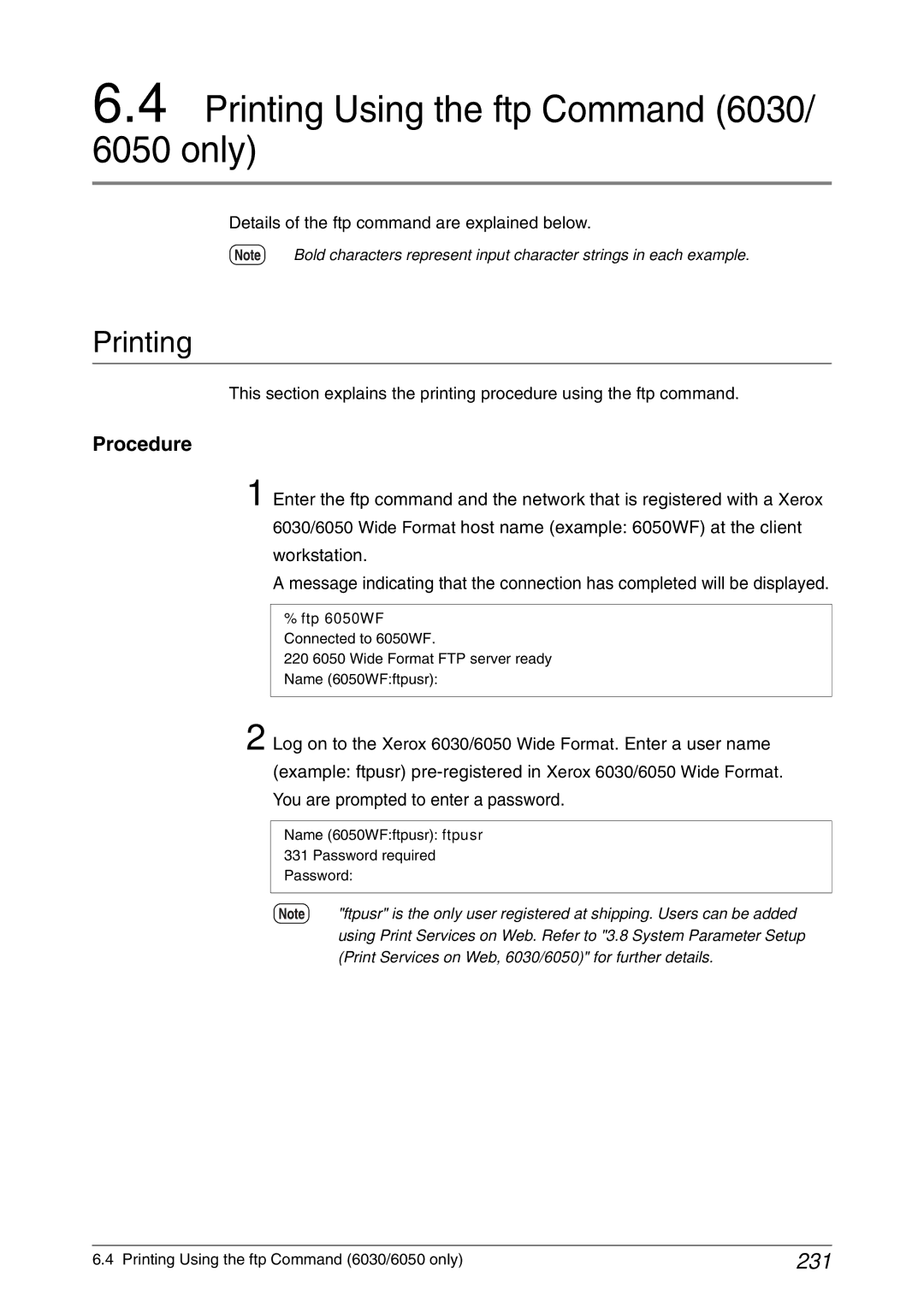 Xerox 6050A, 6030 manual Printing Using the ftp Command Only, 231, Details of the ftp command are explained below 