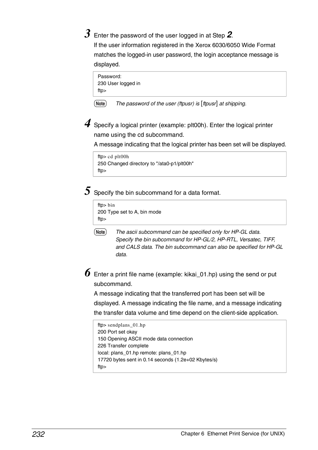 Xerox 6030, 6050A manual 232, Specify the bin subcommand for a data format 