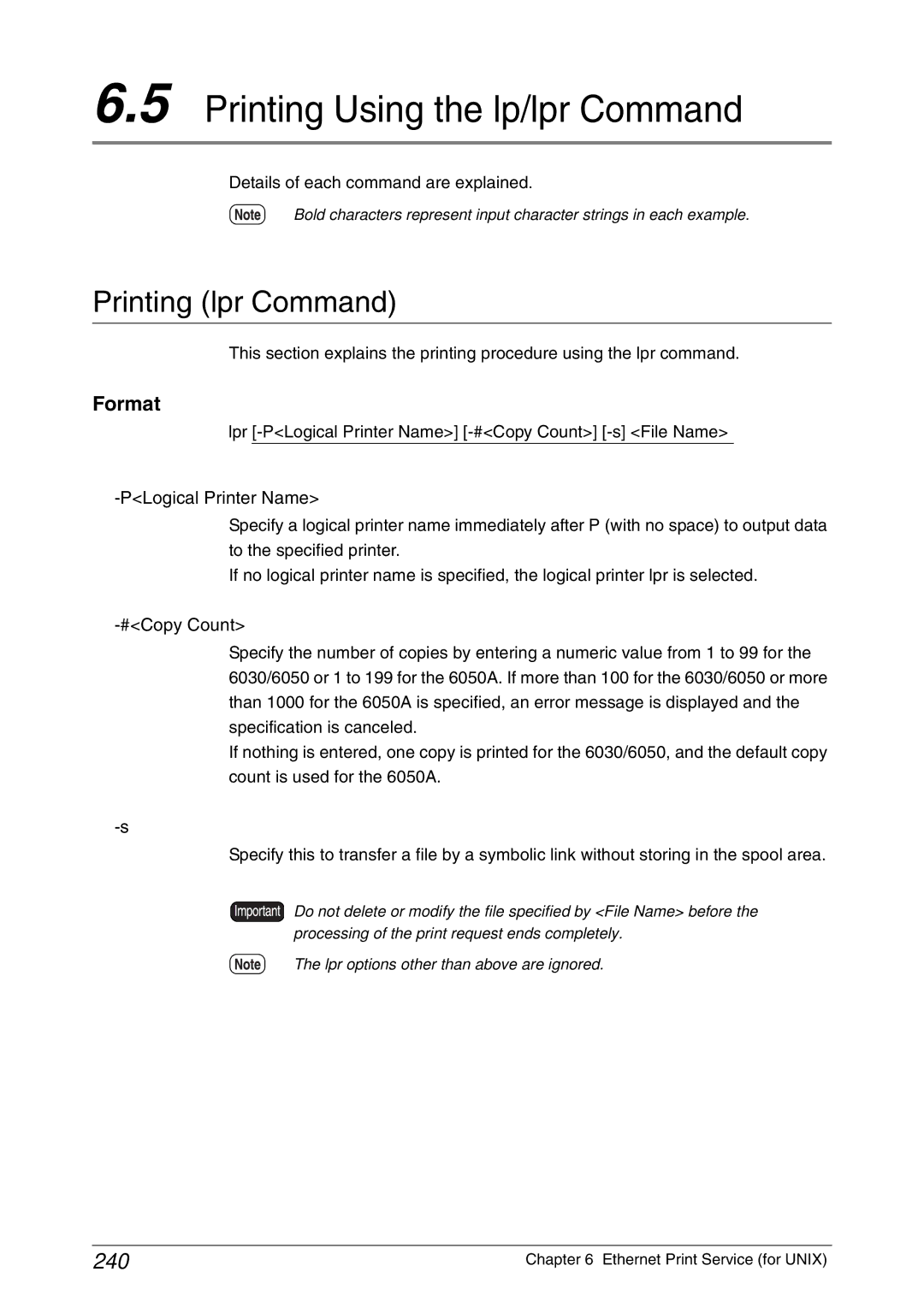 Xerox 6050A Printing Using the lp/lpr Command, Printing lpr Command, 240, Format, Details of each command are explained 