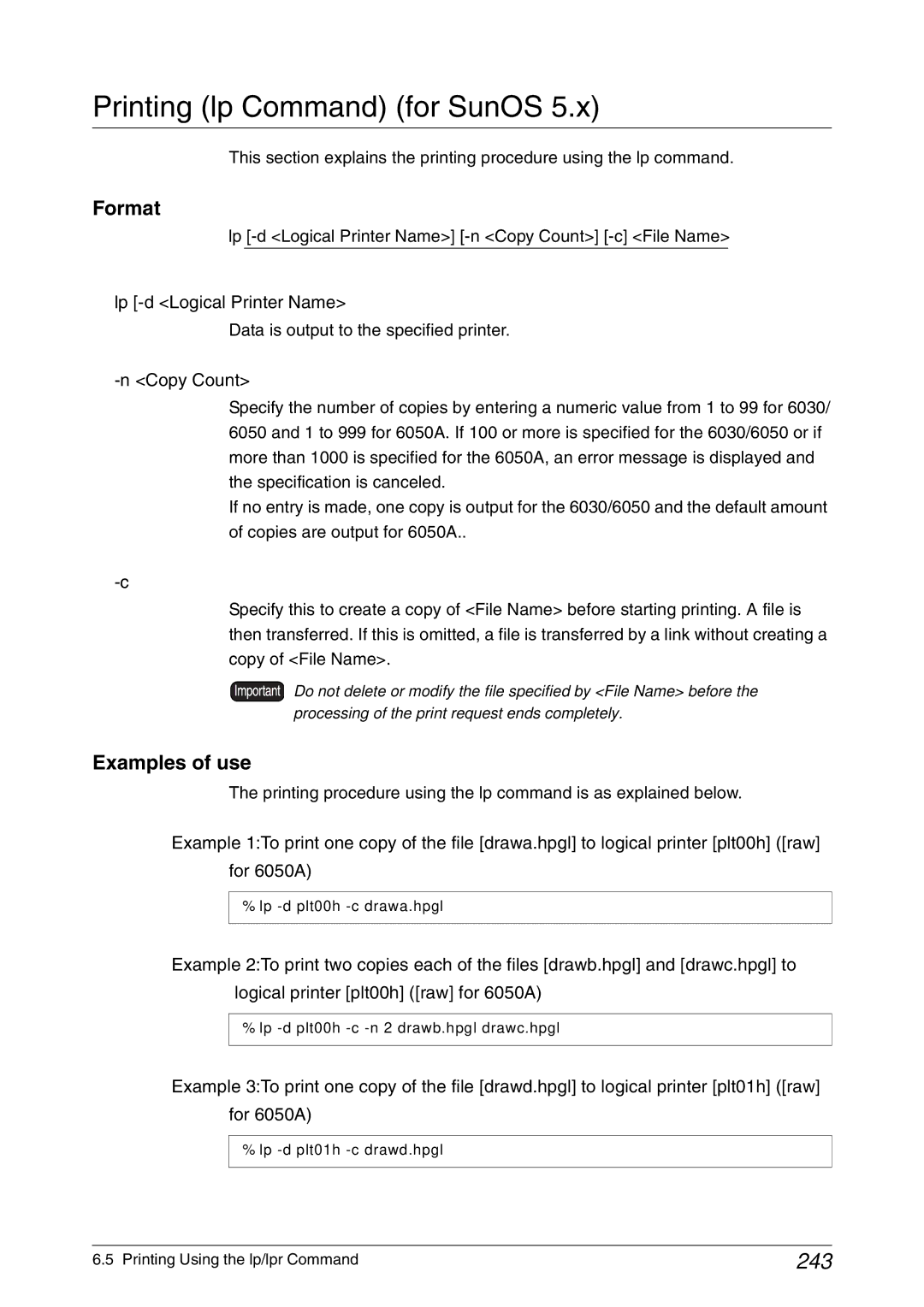 Xerox 6050A, 6030 manual Printing lp Command for SunOS, 243, Examples of use 