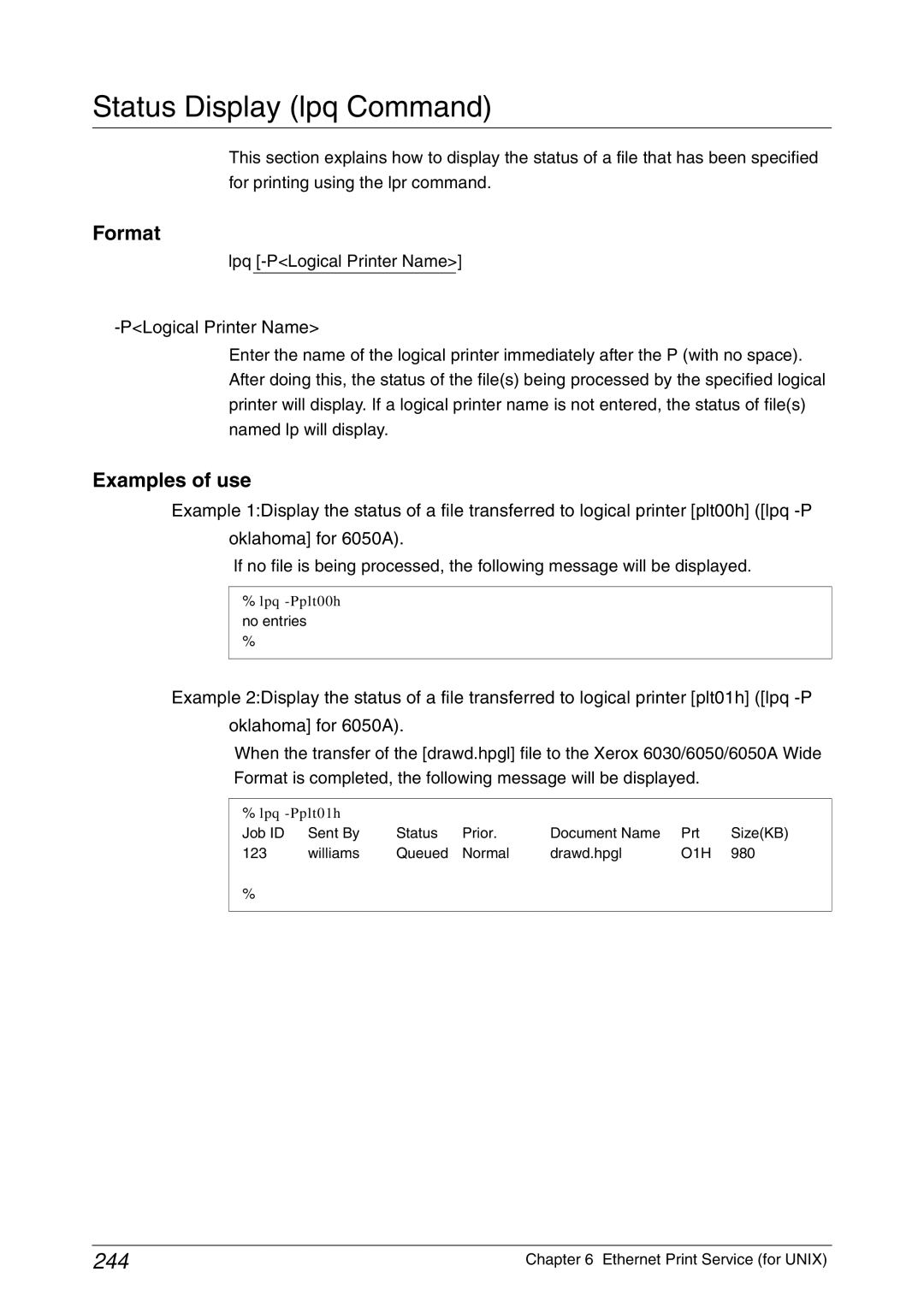 Xerox 6030, 6050A manual Status Display lpq Command, 244 