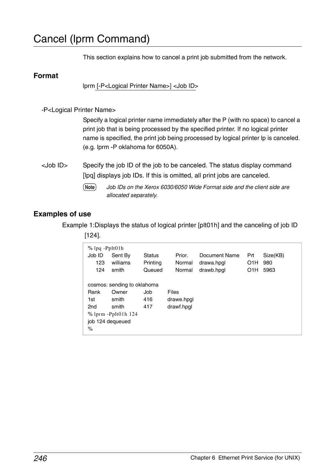 Xerox 6050A, 6030 manual Cancel lprm Command, 246 