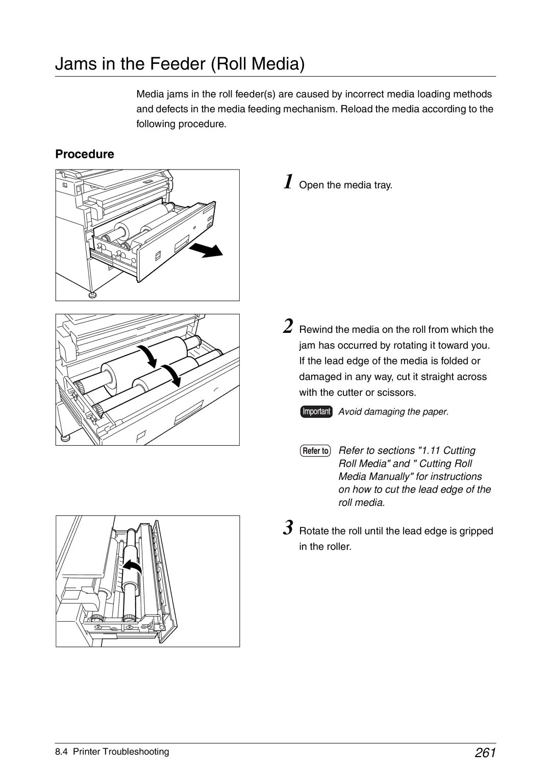 Xerox 6050A, 6030 manual Jams in the Feeder Roll Media, 261, Rotate the roll until the lead edge is gripped Roller 