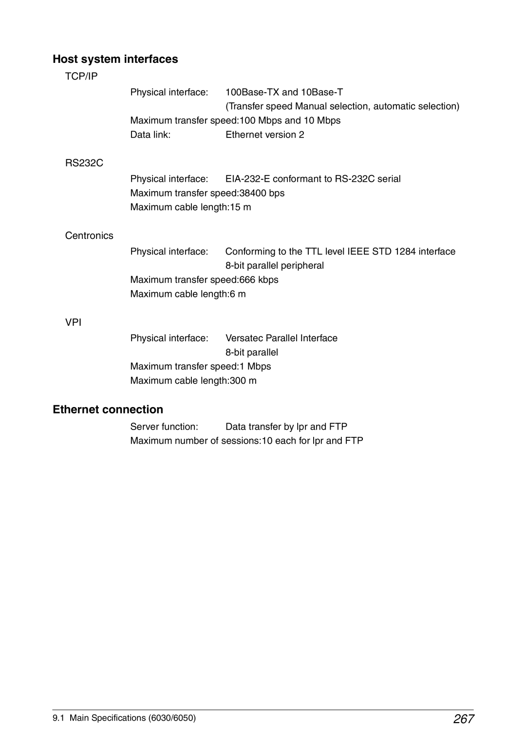 Xerox 6050A, 6030 manual 267, Host system interfaces, Ethernet connection, Physical interface 100Base-TX and 10Base-T 