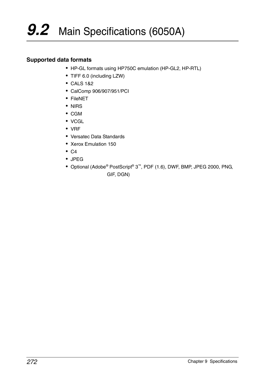 Xerox 6030 manual Main Specifications 6050A, 272 