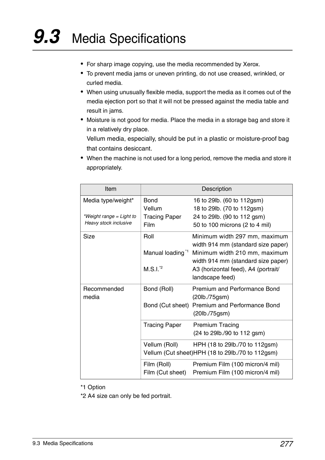 Xerox 6030, 6050A manual Media Specifications, 277, Tracing Paper 24 to 29lb to 112 gsm 