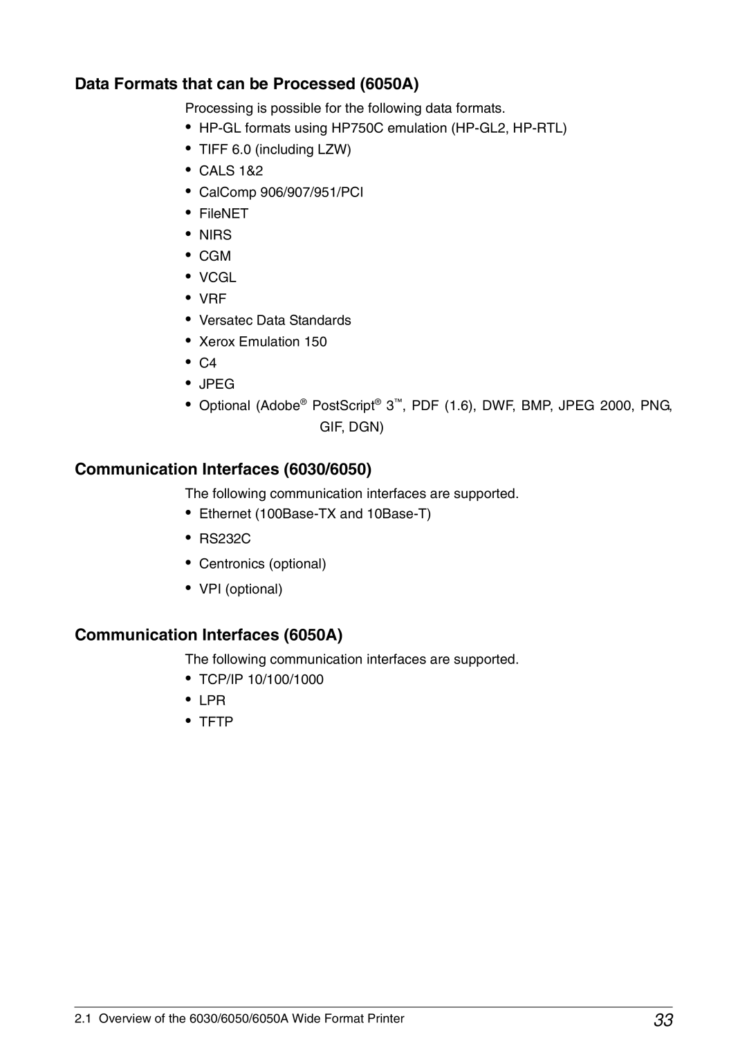 Xerox Data Formats that can be Processed 6050A, Communication Interfaces 6030/6050, Communication Interfaces 6050A 