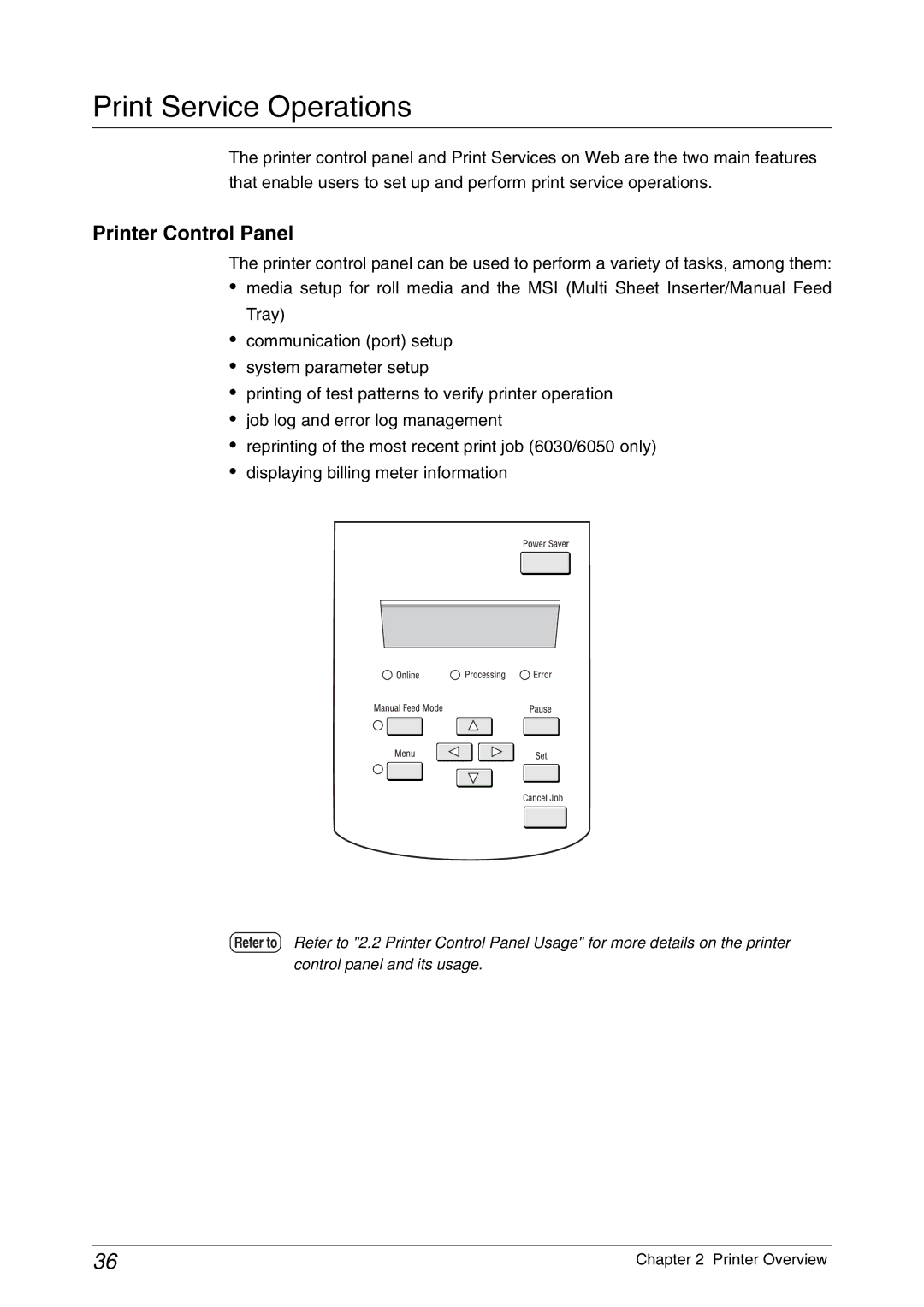 Xerox 6050A, 6030 manual Print Service Operations, Printer Control Panel 