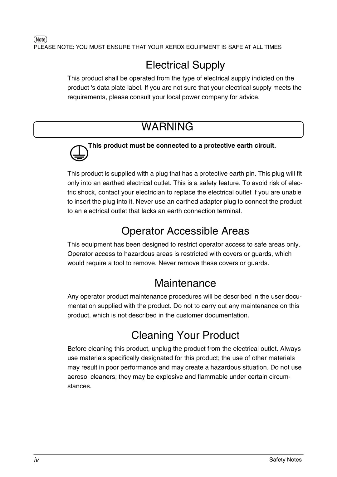 Xerox 6030, 6050A manual Electrical Supply, Operator Accessible Areas, Maintenance, Cleaning Your Product 