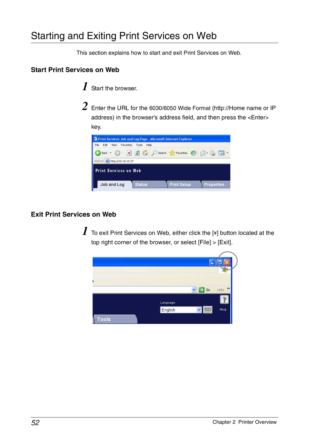 Xerox 6030, 6050A Starting and Exiting Print Services on Web, Start Print Services on Web, Exit Print Services on Web 