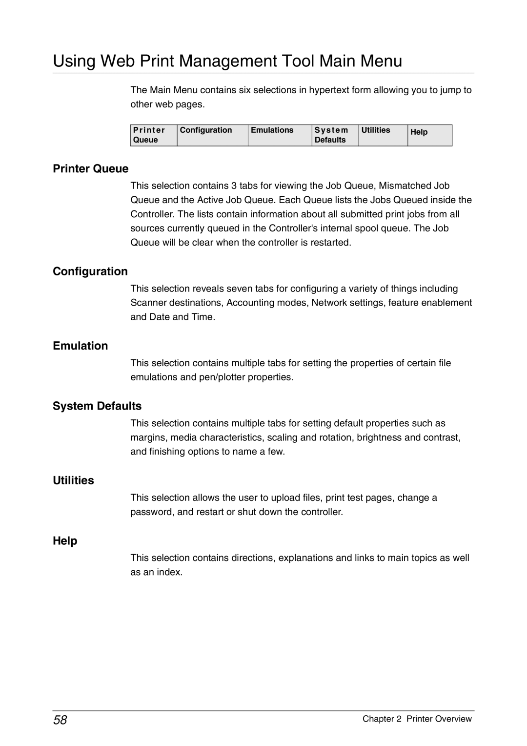 Xerox 6030, 6050A manual Using Web Print Management Tool Main Menu 