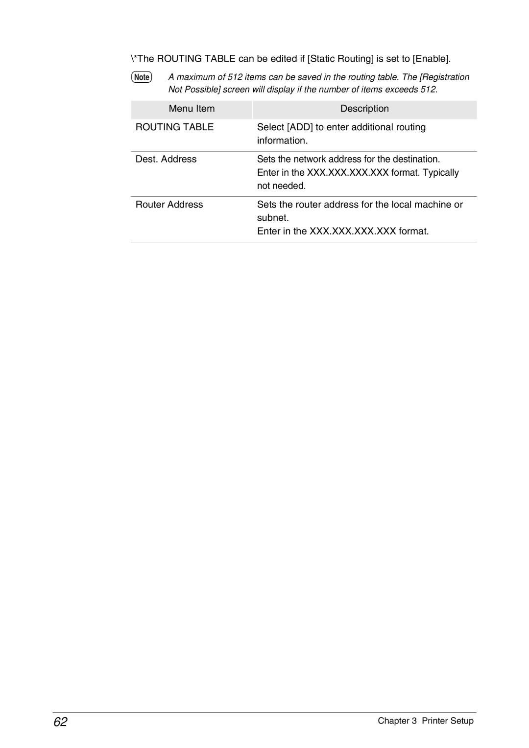 Xerox 6050A, 6030 manual Menu Item Description, Routing Table, Select ADD to enter additional routing 