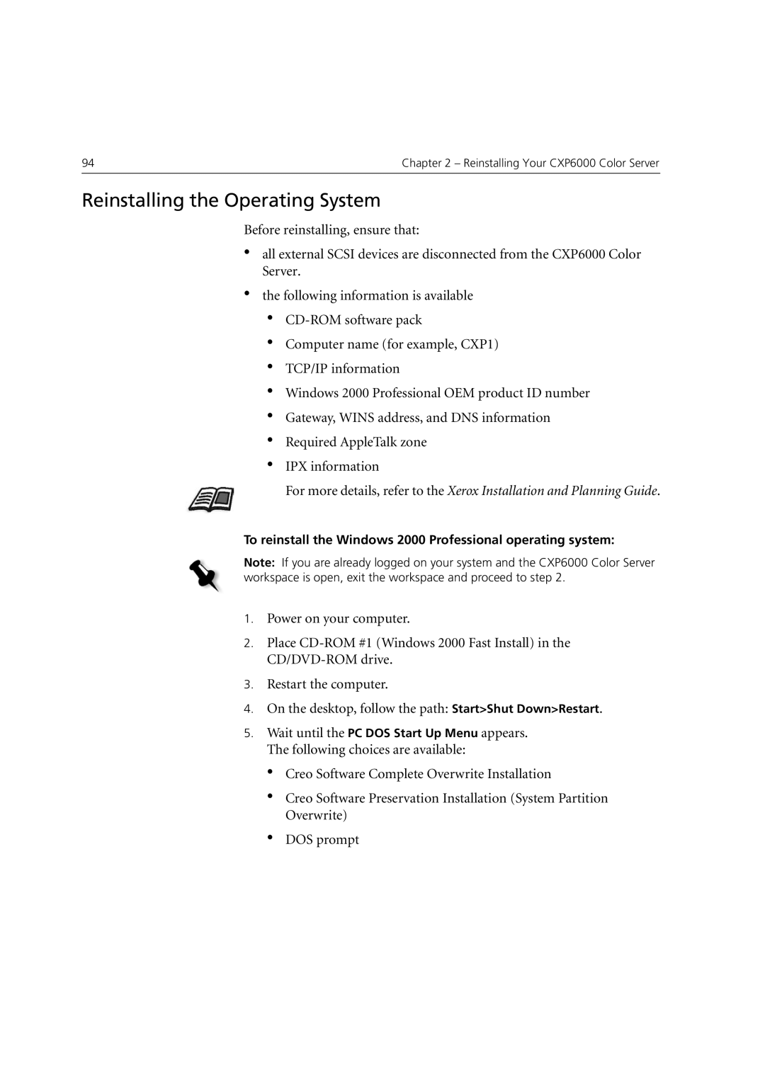 Xerox 6060 manual Reinstalling the Operating System 