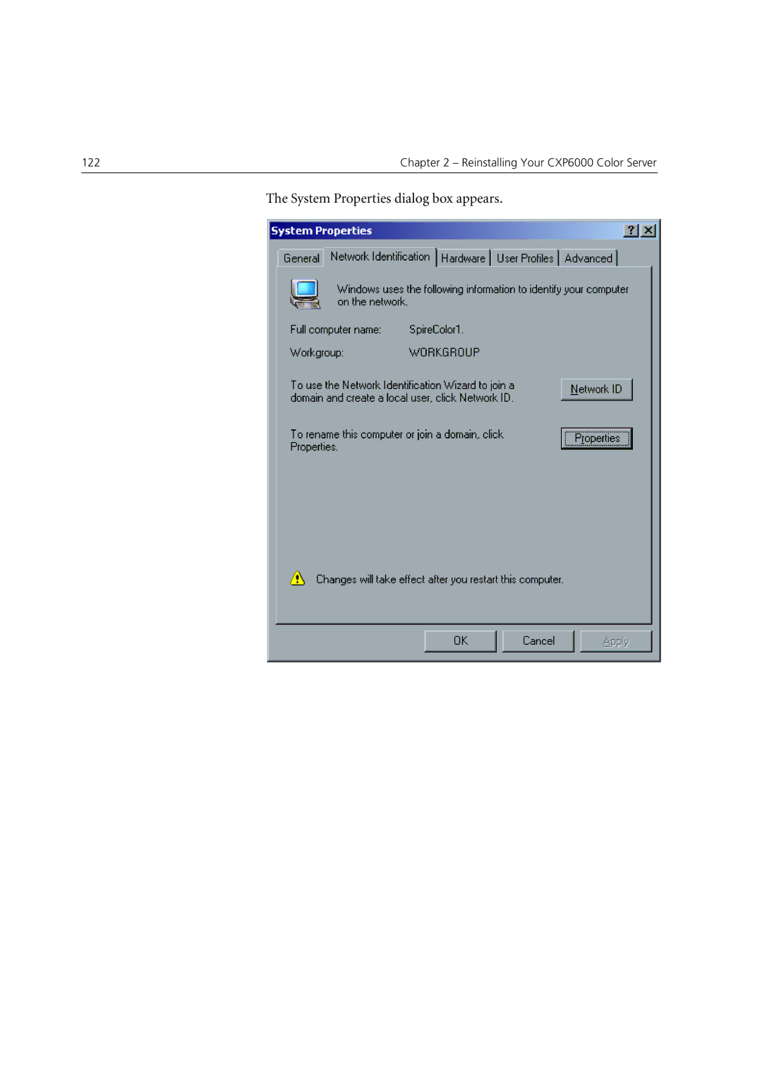 Xerox 6060 manual System Properties dialog box appears 