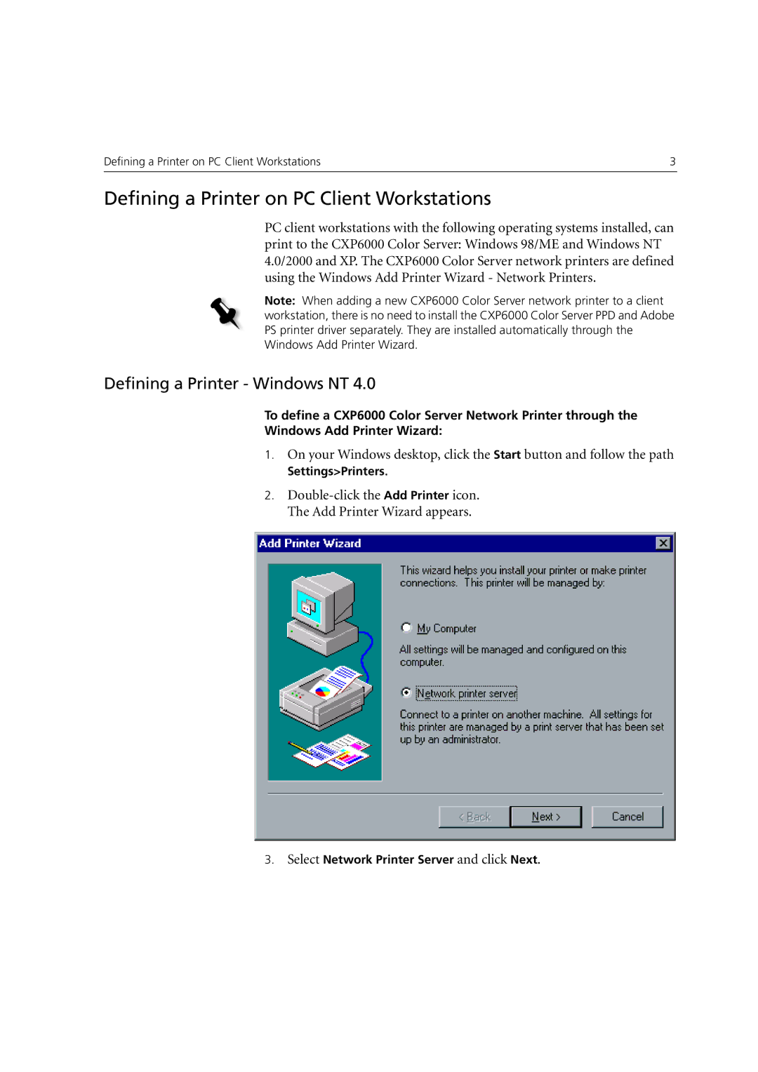 Xerox 6060 manual Defining a Printer on PC Client Workstations, Defining a Printer Windows NT 