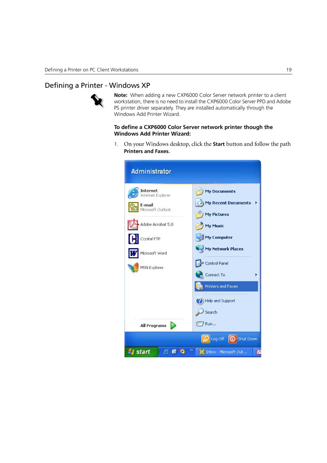 Xerox 6060 manual Defining a Printer Windows XP 