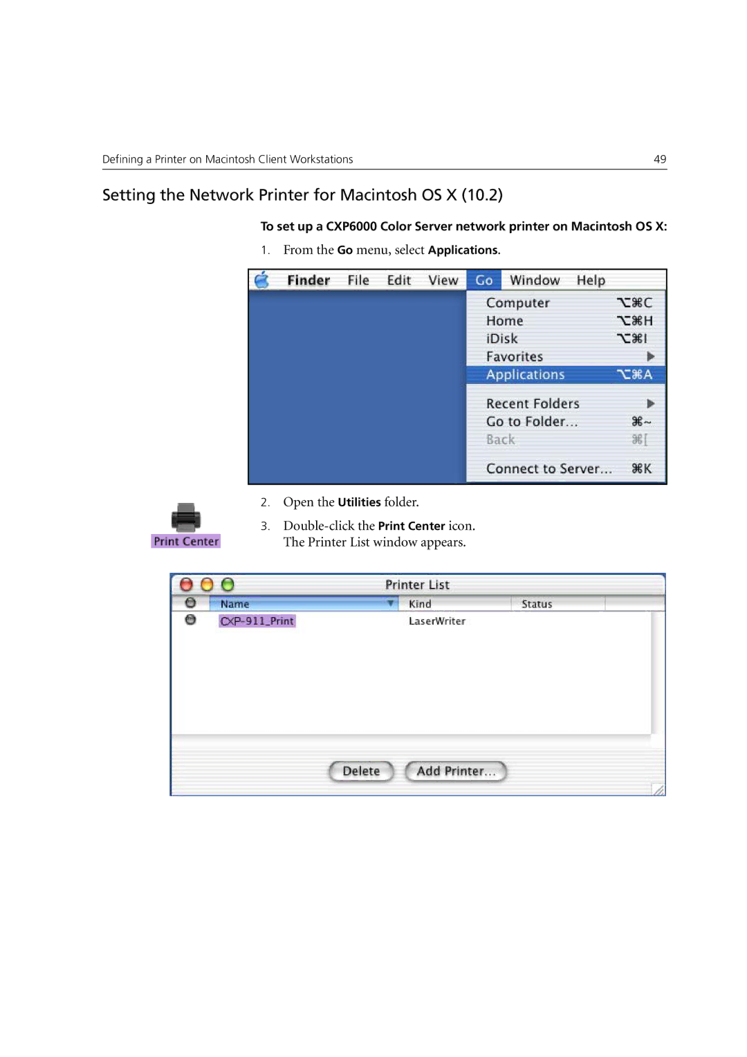 Xerox 6060 manual Setting the Network Printer for Macintosh OS X 