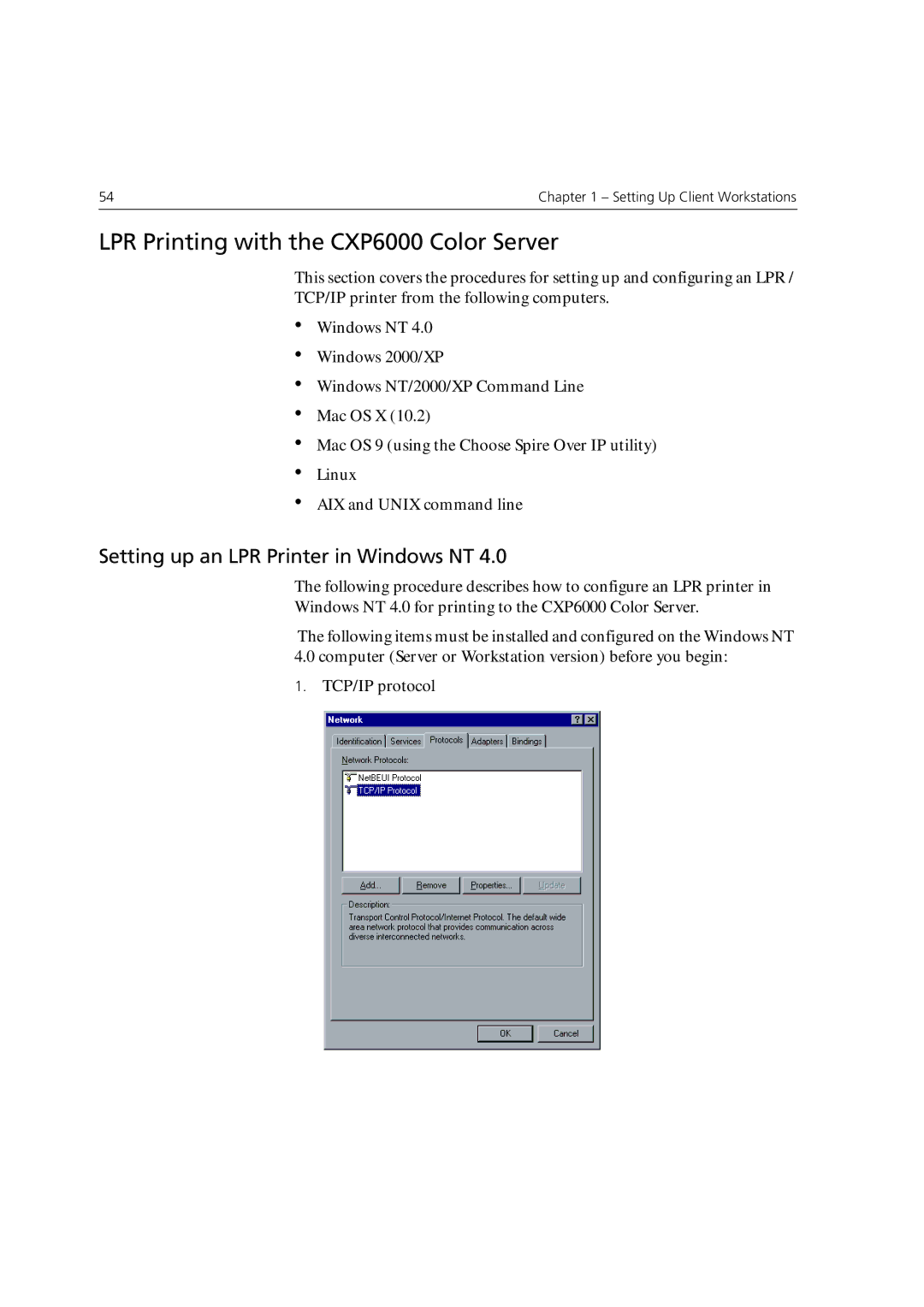 Xerox 6060 manual LPR Printing with the CXP6000 Color Server, Setting up an LPR Printer in Windows NT 