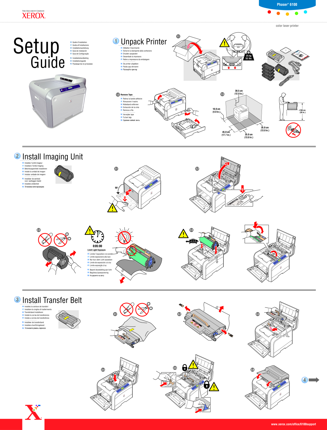 Xerox 6100 setup guide 2Install Imaging Unit, 3Install Transfer Belt, Setup, Guide, Unpack Printer, Phaser 