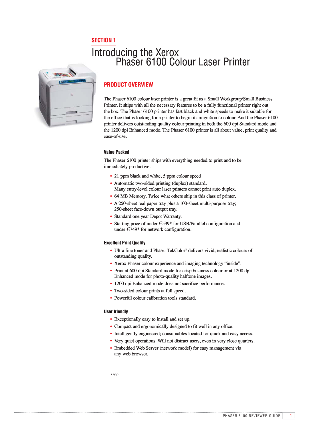 Xerox manual Introducing the Xerox, Phaser 6100 Colour Laser Printer, Section, Product Overview 