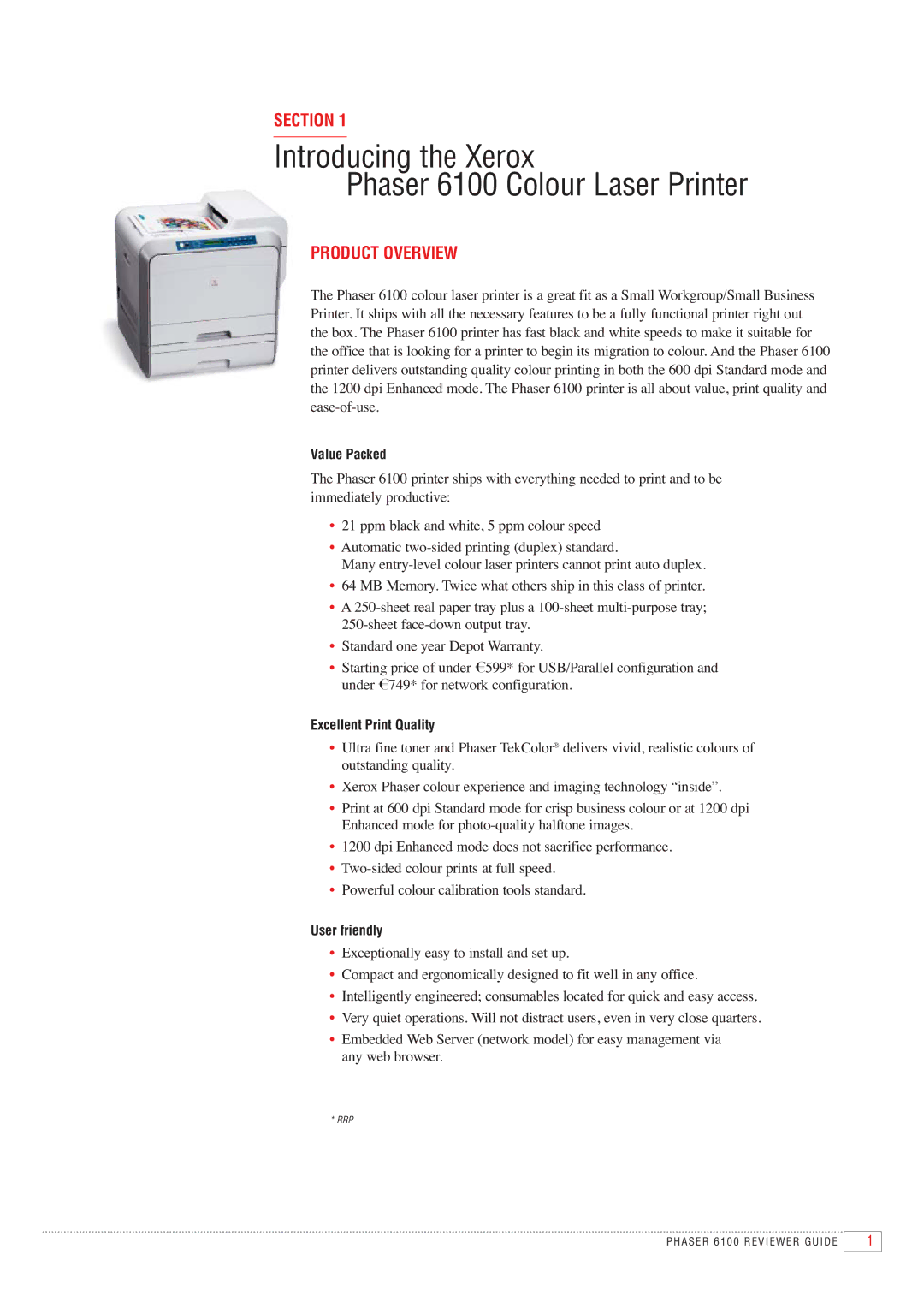 Xerox 6100 manual Section, Product Overview, Value Packed, Excellent Print Quality, User friendly 