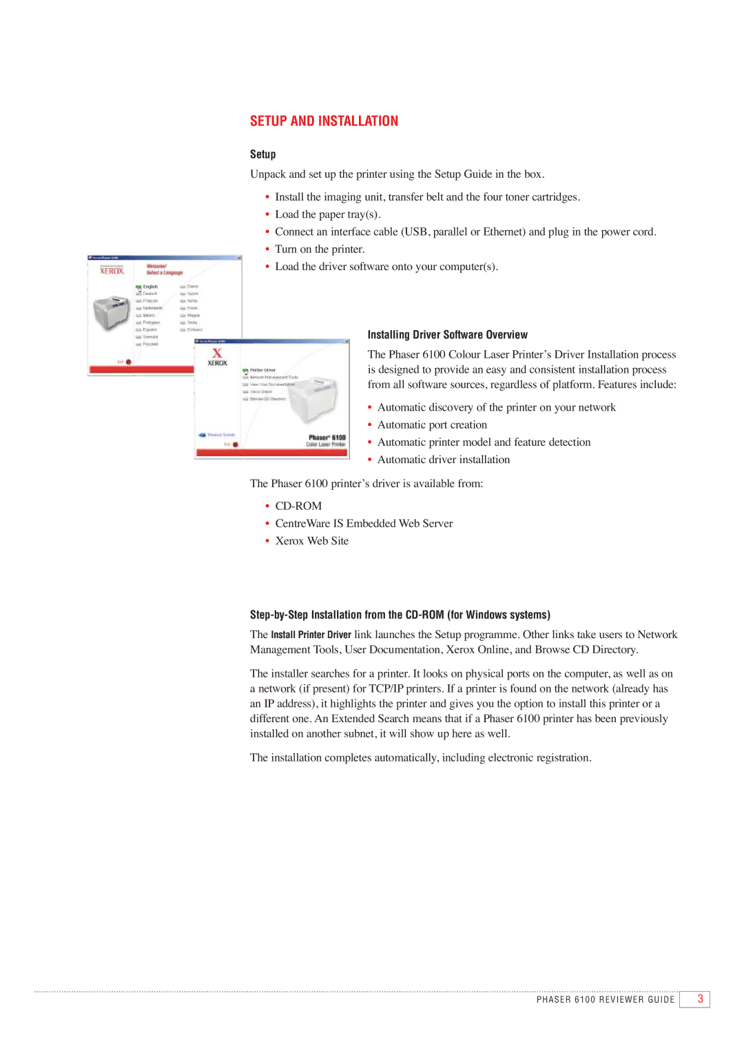 Xerox 6100 manual Setup and Installation, Installing Driver Software Overview 