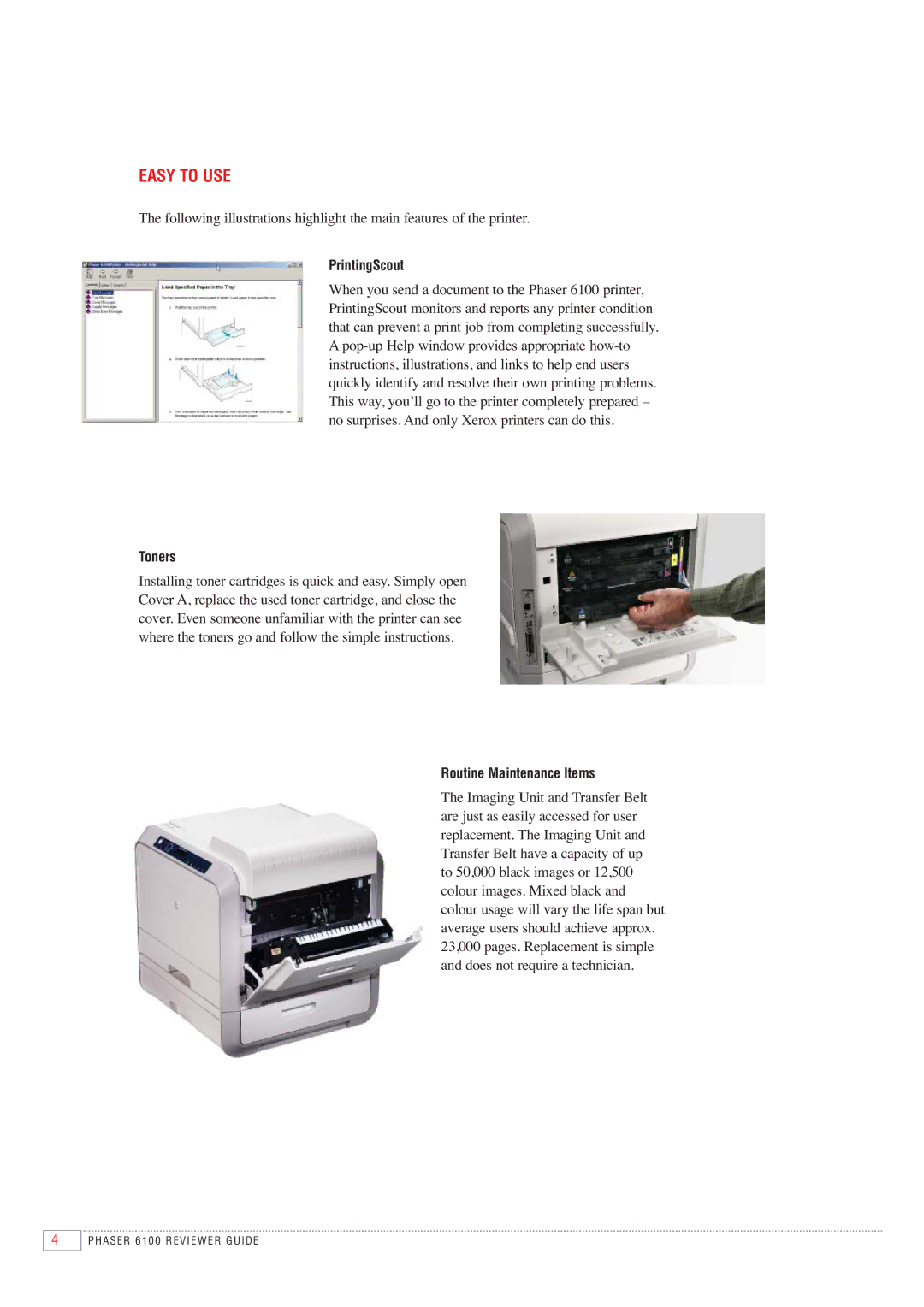 Xerox 6100 manual Easy to USE, PrintingScout, Toners, Routine Maintenance Items 