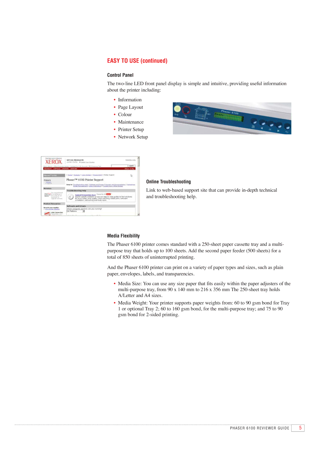 Xerox 6100 manual Control Panel, Online Troubleshooting, Media Flexibility 