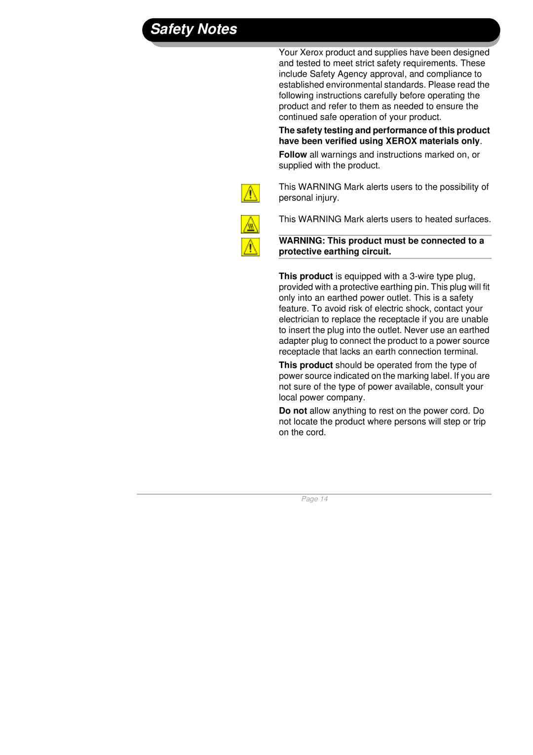 Xerox 610E35560 quick start Safety Notes 