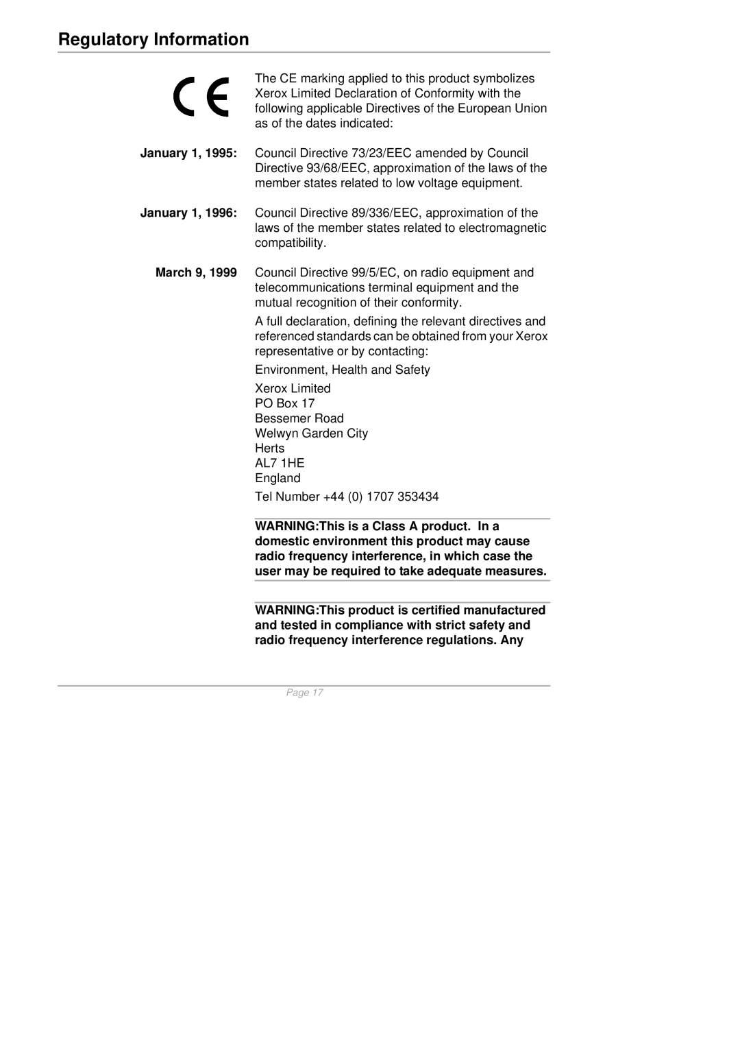 Xerox 610E35560 quick start Regulatory Information 