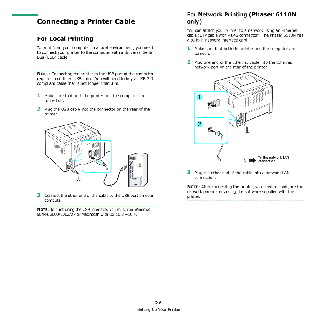 Xerox manual Connecting a Printer Cable, For Local Printing, For Network Printing Phaser 6110N only 